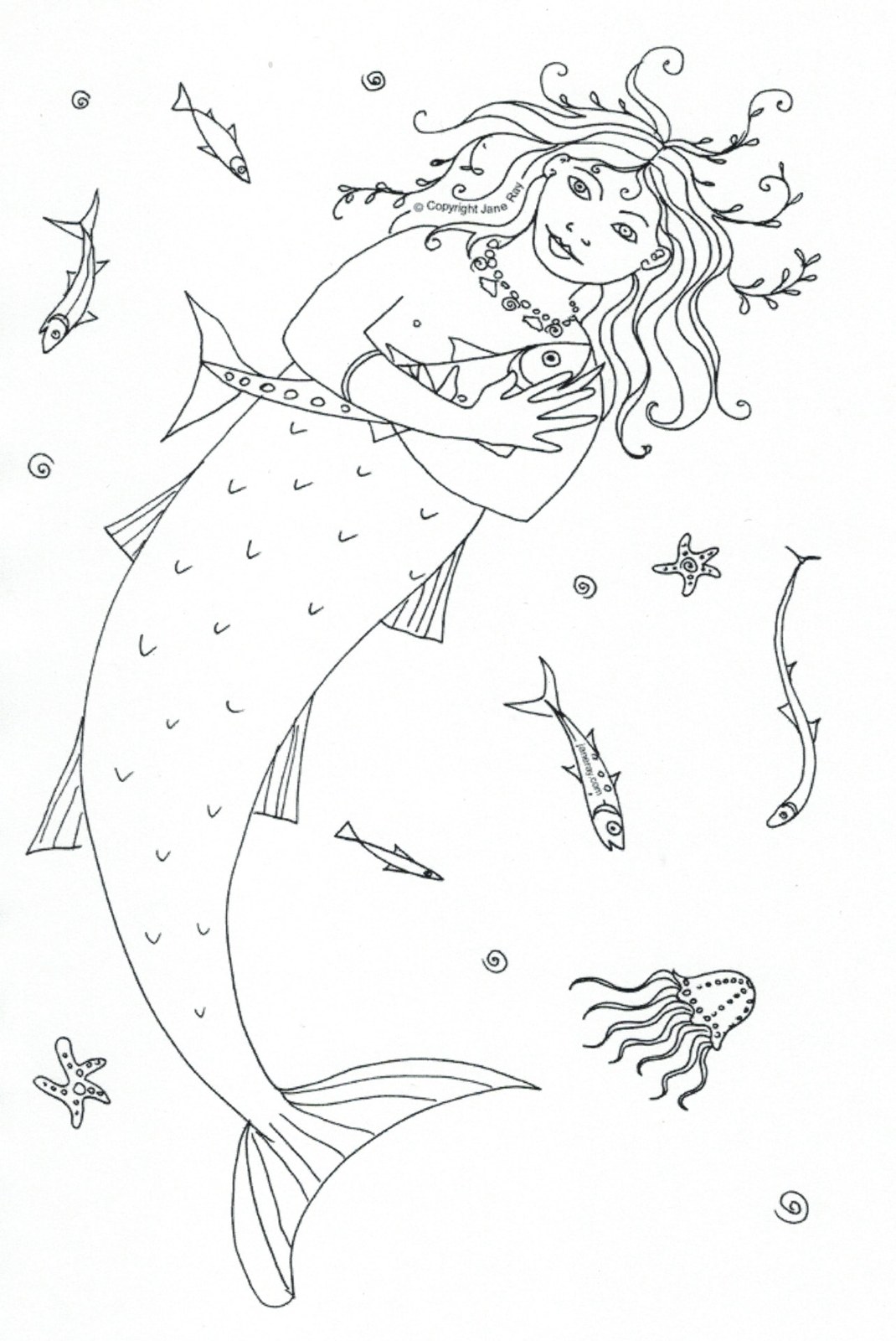 Mermaid colouring sheet by Jane Ray