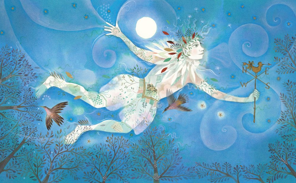 Ariel in flight beneath a full moon — Jane Ray illustration from The Tempest