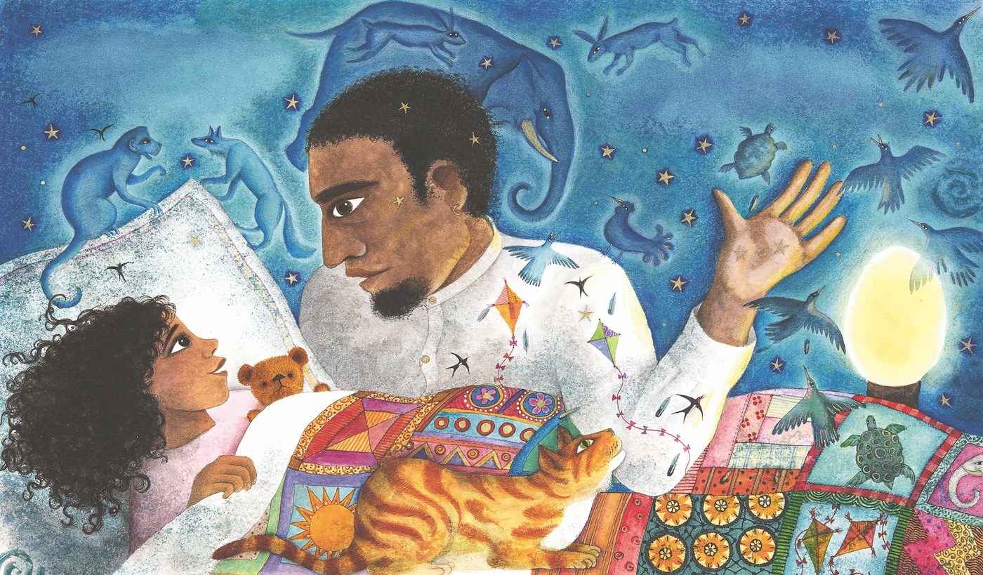 A father and child at bedtime beneath a starry sky of animals — Jane Ray illustration from The Tale that Time Sews
