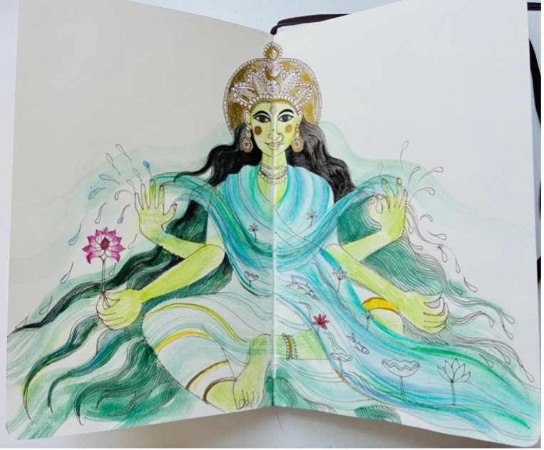 River goddess with lotus — sketchbook page by Jane Ray