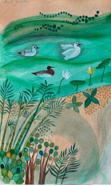 Ducks on green water — sketchbook page by Jane Ray