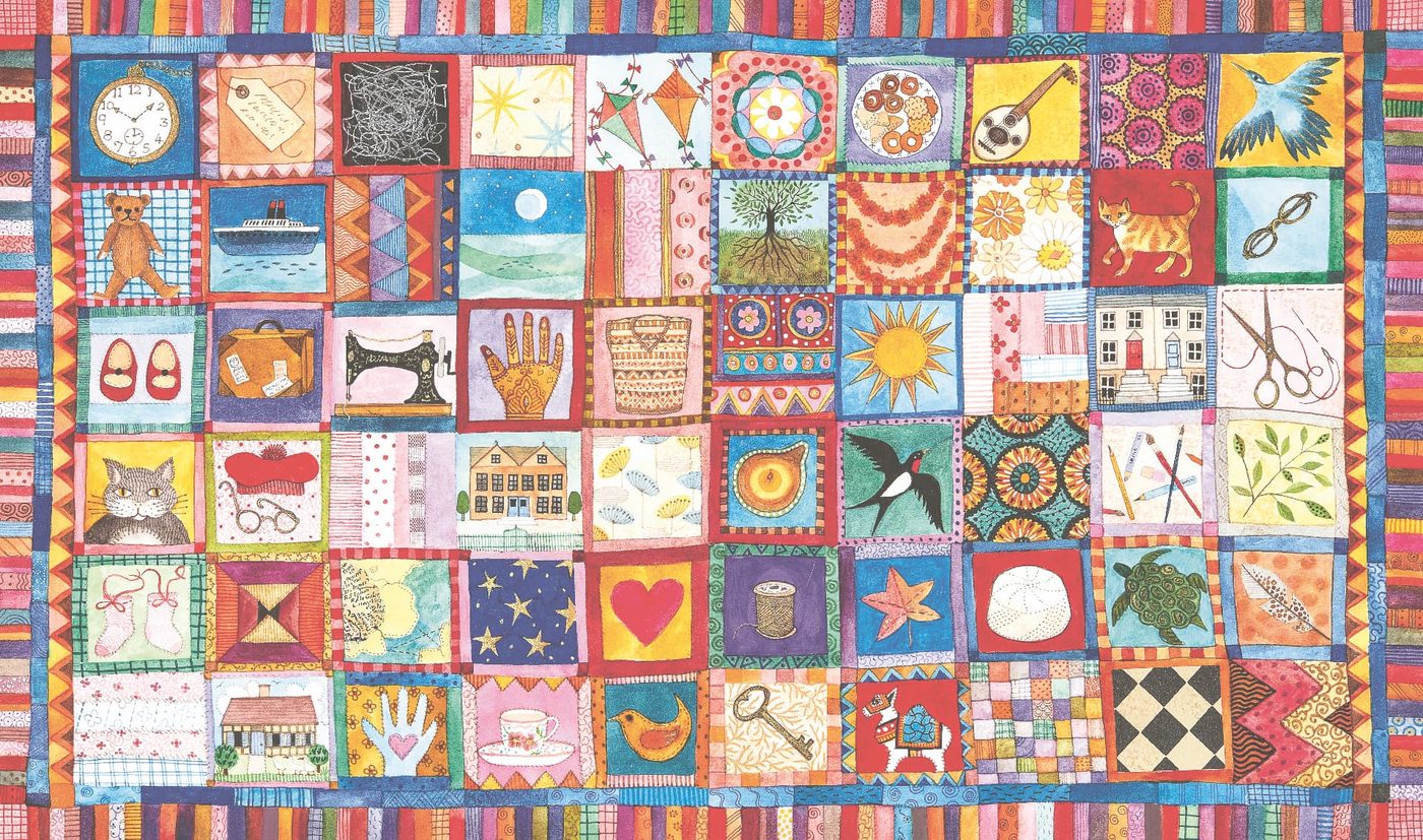 Patchwork quilt endpapers from The Tale that Time Sews, illustrated by Jane Ray