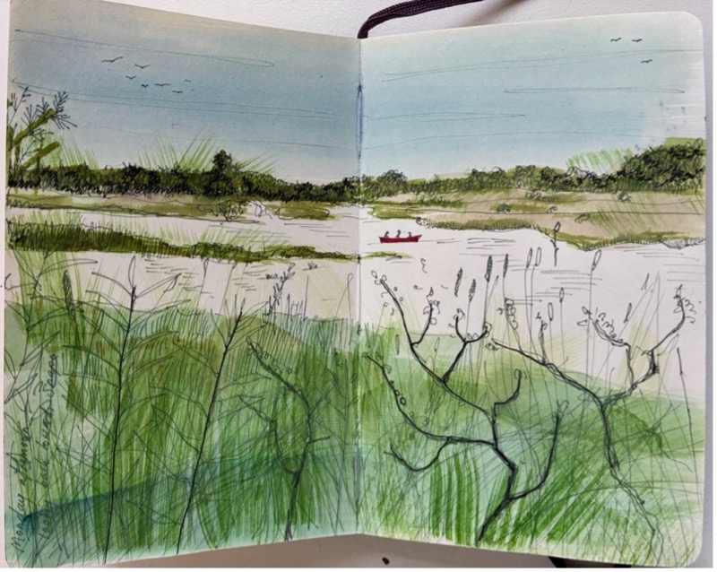 Boat on the estuary — sketchbook page by Jane Ray