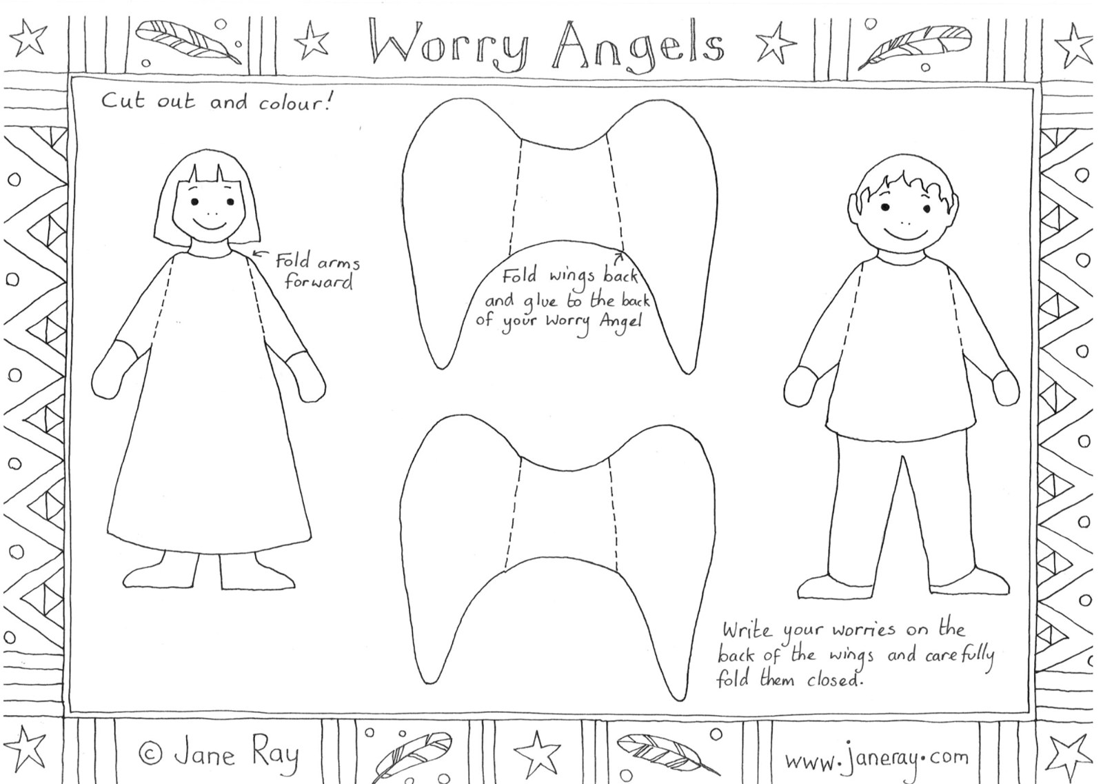 Worry Angels (cut out and make) colouring sheet by Jane Ray