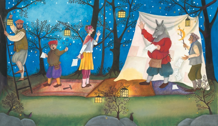 The mechanicals rehearsing in a starlit wood — Jane Ray illustration for A Midsummer Night's Dream