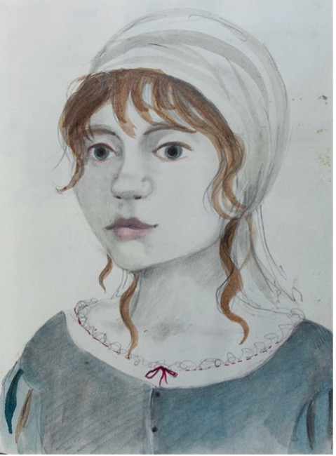 Girl in a headscarf — sketchbook page by Jane Ray