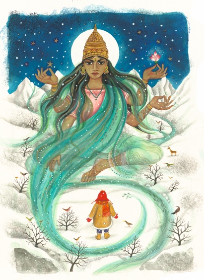 A many-armed goddess in the snowy mountains greeting a small child — Jane Ray illustration